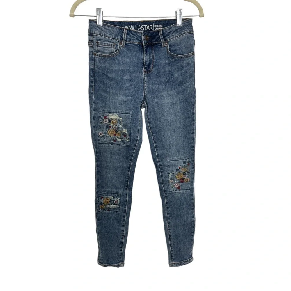 Vanilla Star Embroidered Patch Skinny Jeans Size 3 – Mid Rise Floral Denim - Picture 2 of 6